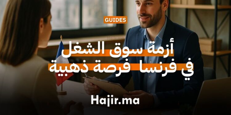 صورة توضيحية لسوق العمل في فرنسا 2026 مع رموز تمثل المهنيين والقطاعات المطلوبة