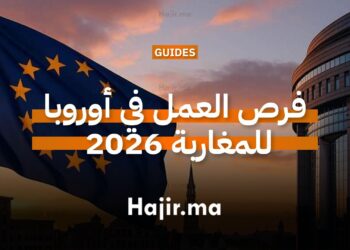 خريطة أوروبا مع أيقونات تمثل فرص العمل والمهن المطلوبة للمغاربة سنة 2026.